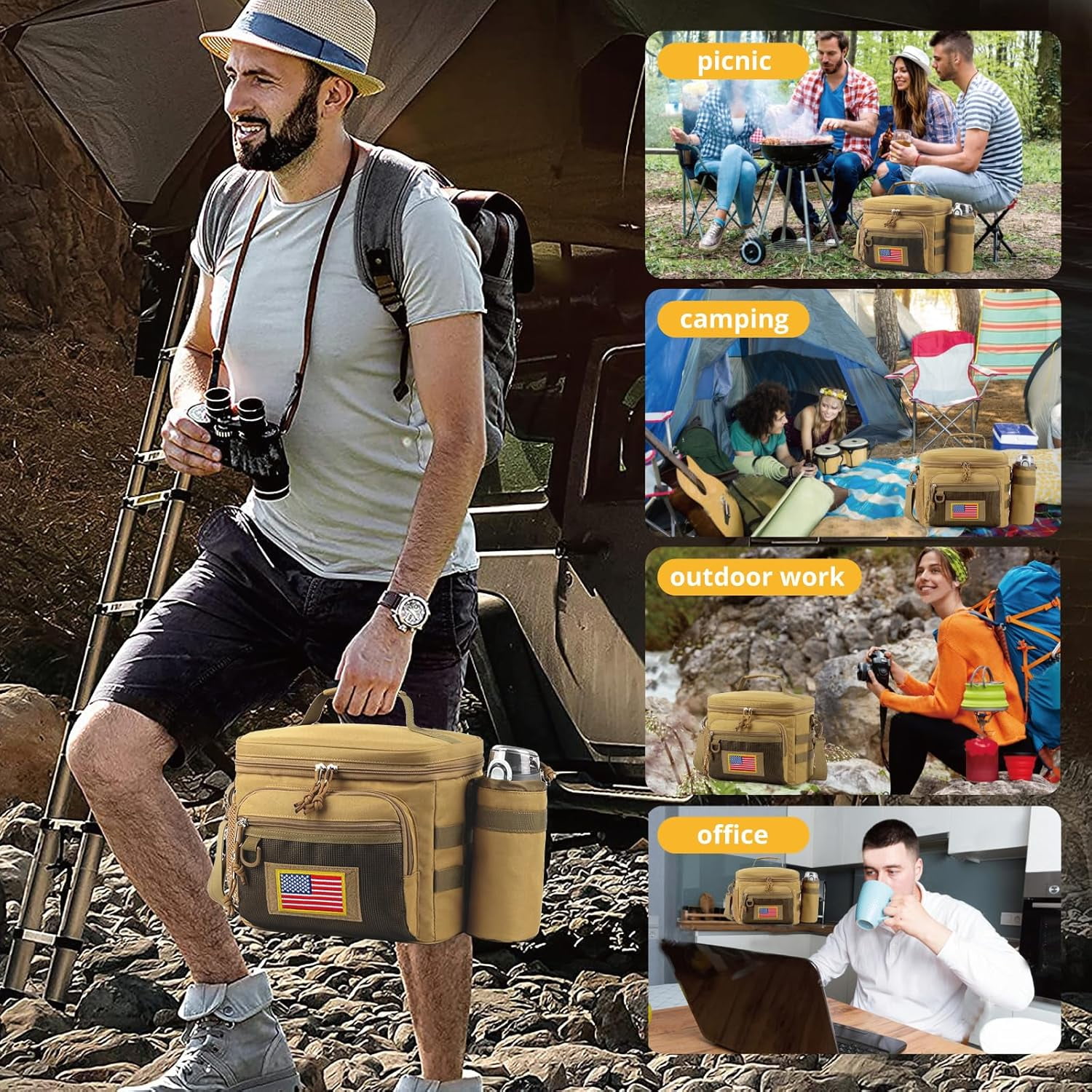 Reusable Lunch Bag for Men/Women - Insulated Lunch Box Leakproof Lunch Pail Freezable with Adjustable Shoulder Strap,Lunch Cooler Bag for Work Office Picnic Beach，Brown
