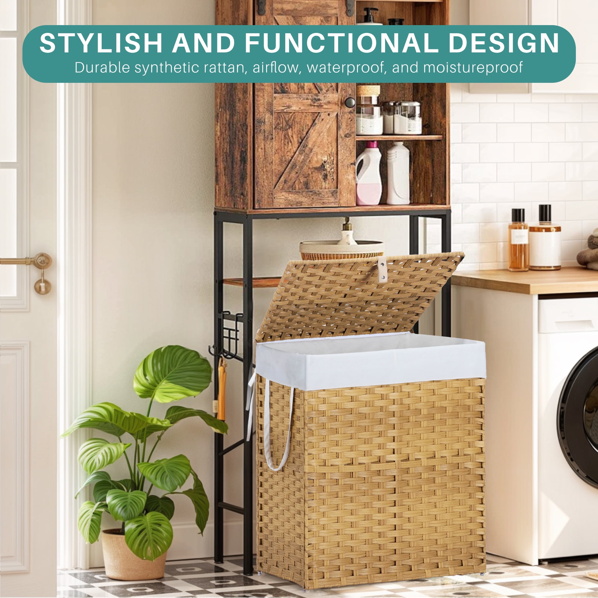 110L Foldable Laundry Hamper with Lid and Removable Liner, Wicker Basket for Bedroom & Bathroom, Yellow