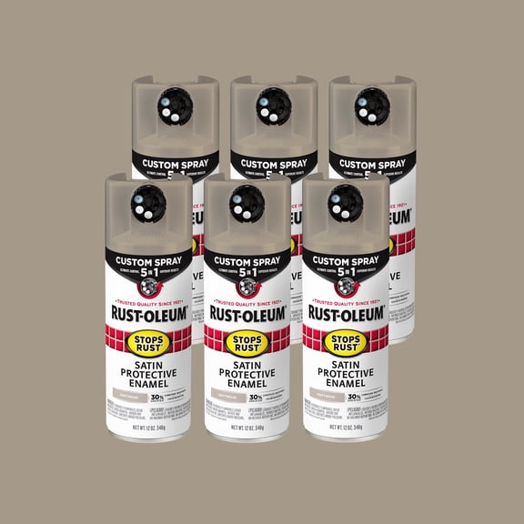 6 Pack, Driftwood, Rust-Oleum Stops Rust Custom Spray 5 in 1 Satin Spray Paint-376876, 12 oz