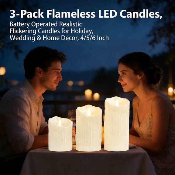 3-Pack Flameless LED Candles, Battery Operated Realistic Flickering Candles for Holiday, Wedding & Home Decor, 4/5/6 Inch