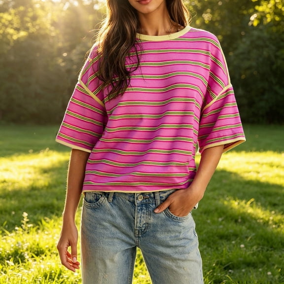 Womens Oversized Striped T-Shirts Summer Casual Color Block Short Sleeve Tops Y2K Drop Shoulder Workout Tops(Pink,XL)