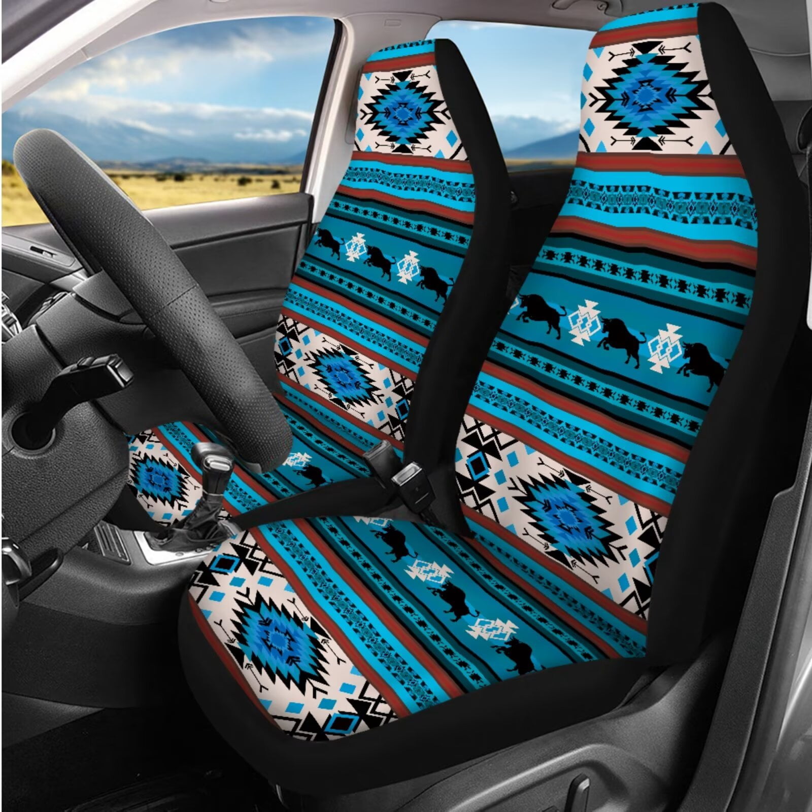 Uorisanigo Aztec Tribal 14 Pieces Auto Seat Covers Full Set with Cars Headrest Coverand Steering Wheel Cover Car Armrest Cover Cars Water Cup Coaster Keychain Elastic Anti-slip Fit for Car SUV