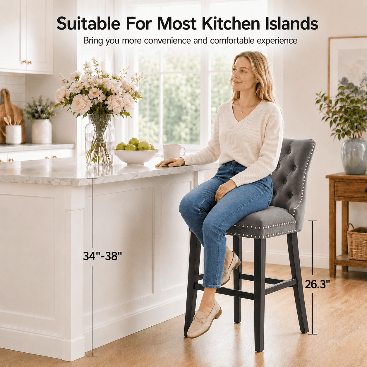 Bar Stools Set of 2, LEGAHOME Velvet Counter Height Bar Stools with Back, Button Tufted Upholstered Kitchen Island Chairs with Nailhead Trim, Solid Wood Legs, Footrest, Gray