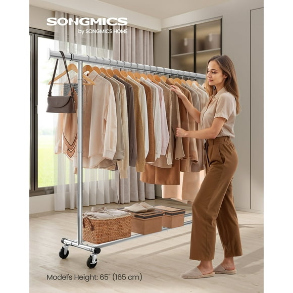 SONGMICS Clothes Rack with Wheels, Heavy-Duty Clothing Rack for Hanging Clothes, Portable, 17.7 x (63-78.7) x 63.6 Inches, with Extendable Rail, 330 lb Load Capacity, Silver