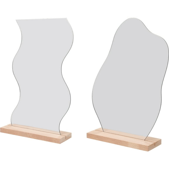 OFFIGAM 2Pcs Desk Mirror with Wooden Base Silver Frameless Aesthetic Mirror for Bedroom Decor and Vanity Use