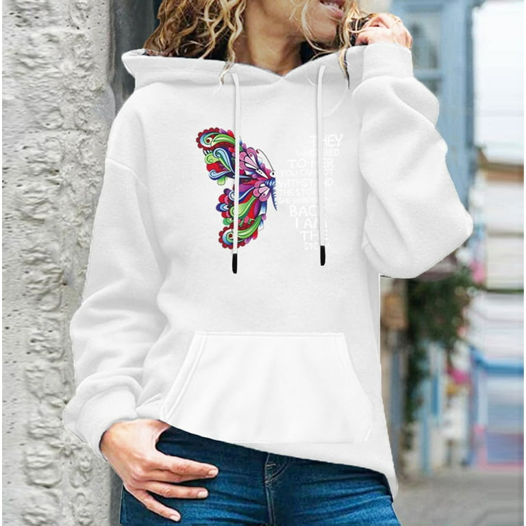 Kinple Women s Butterfly Printed Long sleeved Pullover Pocket Hoodie Sweatshirt Pullover