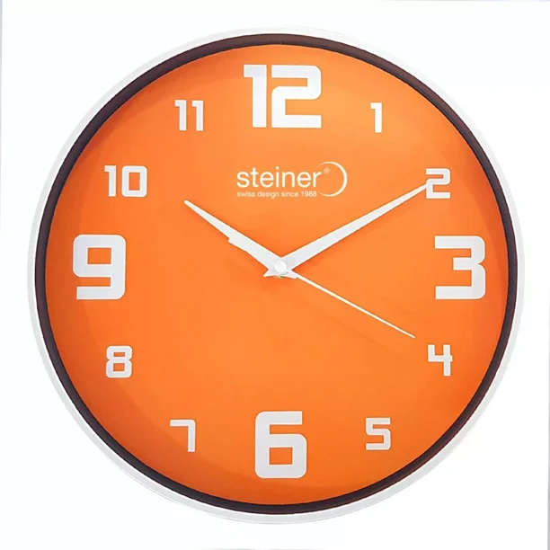 Reloj De Pared Steiner 30 Cm Bisel Blanco Silencioso Fondo Naranja