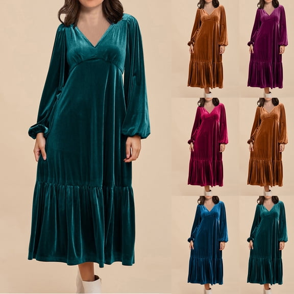 YHAJDS Women's Casual Dress,Fall Dresses for Women V Neck Long Sleeve Midi Dress Velvet Fabric Puff Sleeve Ruffled Hem Waist Cinching Elegant Casual Dress
