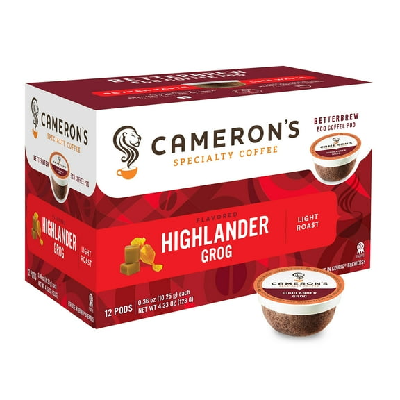 Cameron’s Coffee Highlander Grog Flavored Single-Serve Pods, Light Roast, 100% Arabica, Compostable EcoPods – 12 Count