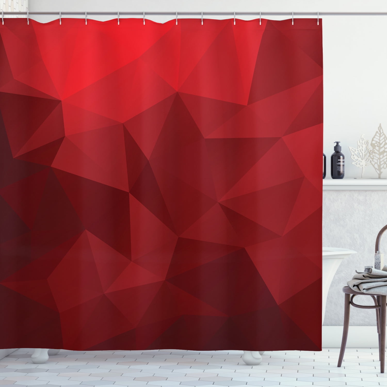 Red Shower Curtain Triangular Mosaic In Shades Of Red With Low Poly