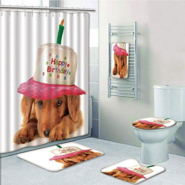 PRTAU Birthday for Kids Golden Puppy with Party Cone Shaped Hat with Candle 5 Piece Bathroom Set Shower Curtain Bath Towel Bath Rug Contour Mat and Toilet Lid Cover