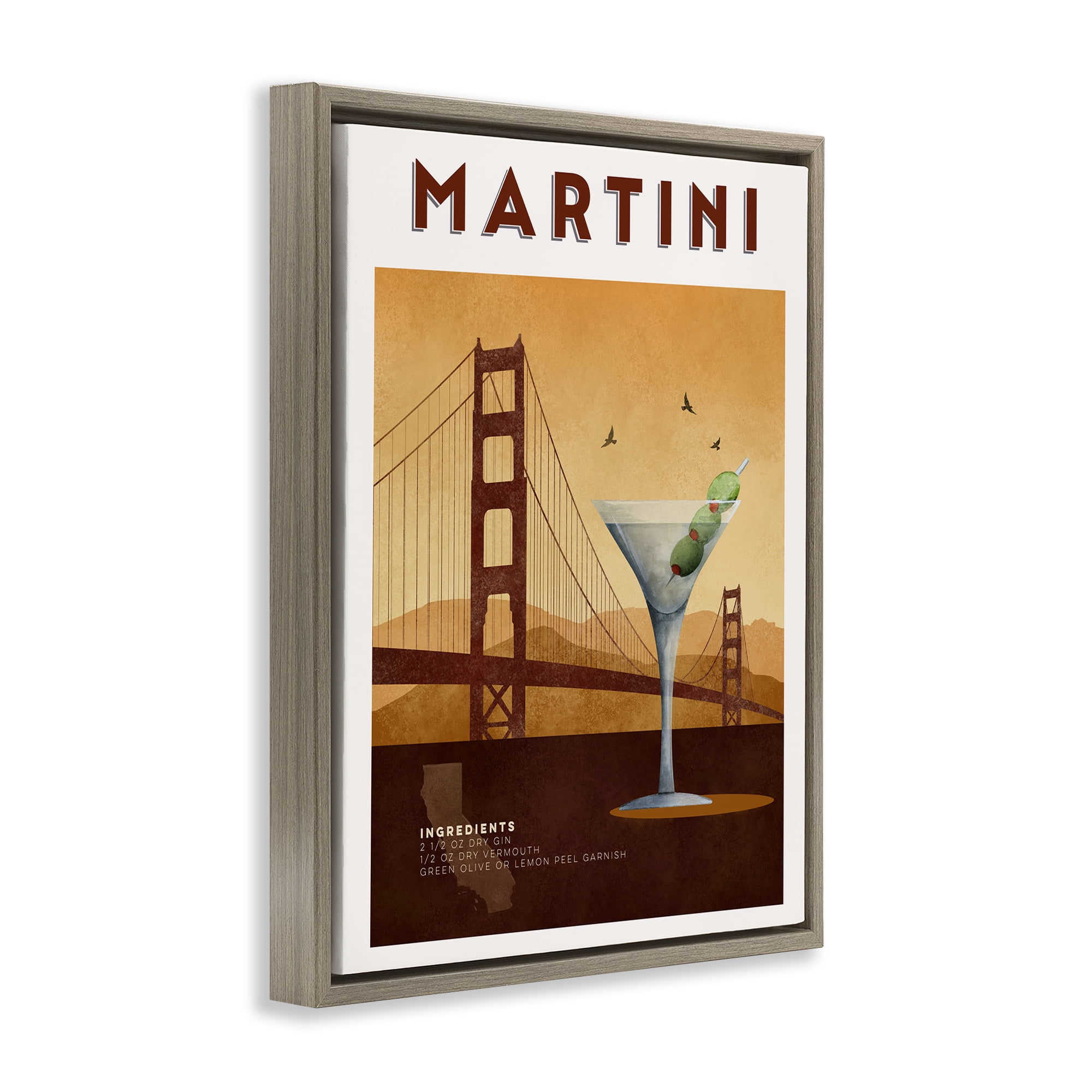 Retro Martini & Bridge View Brown Framed Floater Canvas Wall Art, design by Brett Blumenthal