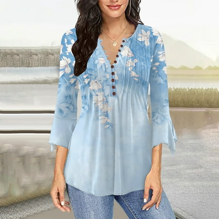 

Long Sleeve Shirts For Women Fiudx Women s Casual Trumpet 3/4 Sleeve Printed Buttoned Basic Ruched Corset Tunic Tops Pleated T-shirts Blouses For Fall Winter Casual