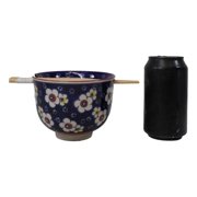 Blue Ume Plum Blossoms Ceramic Donburi Ramen Soup Red Bowl With Chopsticks Set