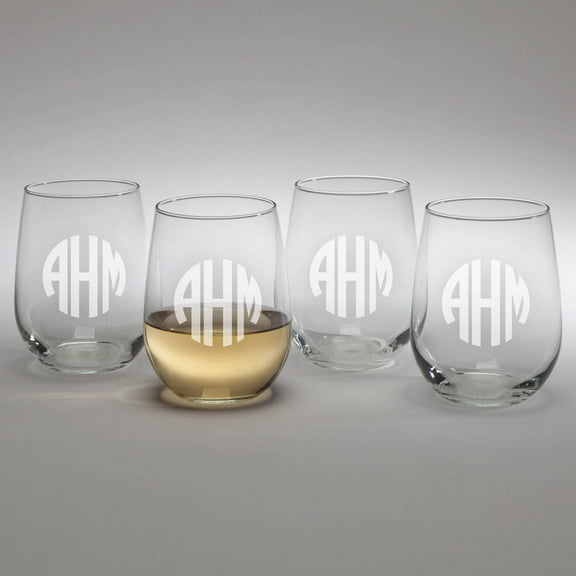 Circle Monogram Set Of 4 Personalized Stemless Wine Glasses
