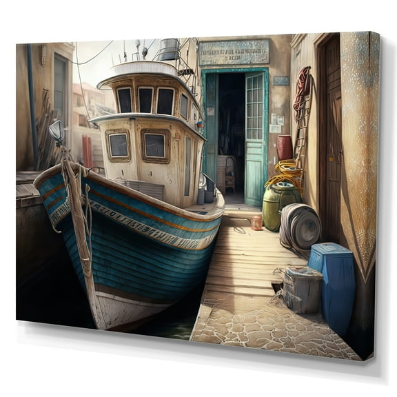 Designart Rustic Port With A Fishing Boat VI Canvas Wall Art