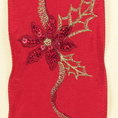 The Ribbon People Red and Brown with Embroidered Poinsettia Wired Craft Ribbon 4" x 10 Yards