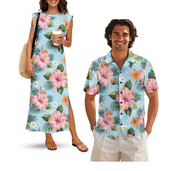 Garronmavis Pink Hibiscus Matching Couple Outfits Husban and Wife Clothing Men's Short Sleeve Shirt Light Hawaiian Tops and Women's Summer Dress with Pocket Hawaiian Sundress