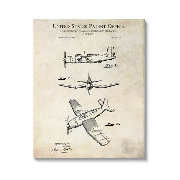 Stupell Industries Vintage Distressed Patent Airplane Graphic Art Gallery Wrapped Canvas Print Wall Art, Design by Karl Hronek