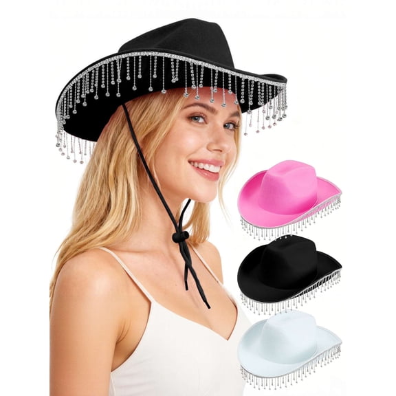 Deago Women's Western Rhinestone Cowboy Hat Bridal Cowgirl Hats for Bachelorette Party Halloween Costume (Black)