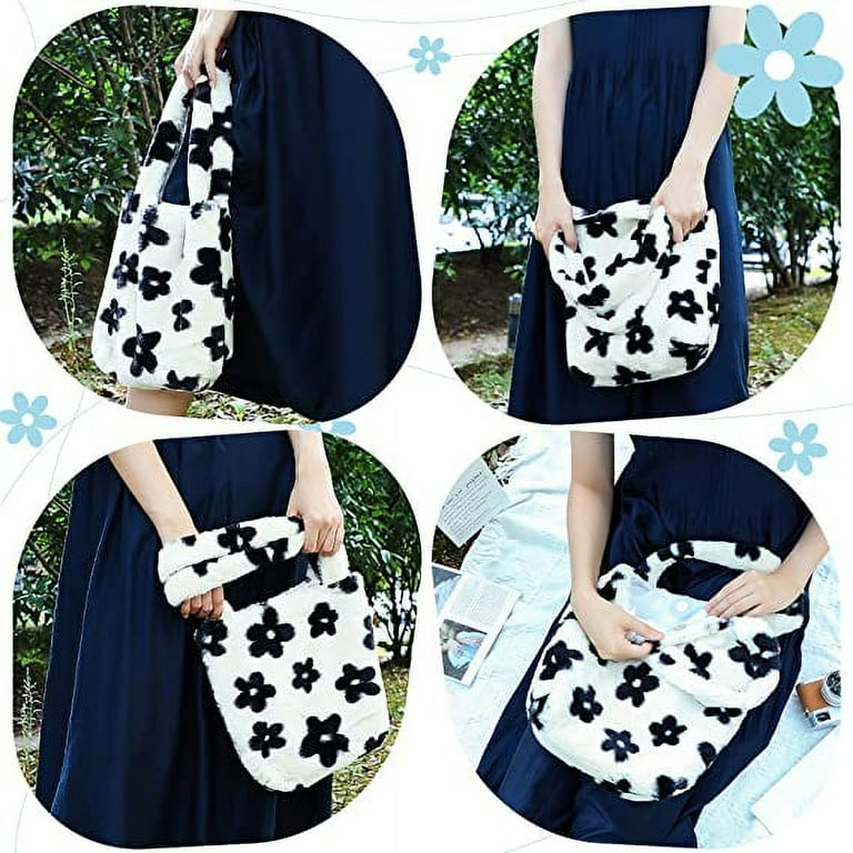 Kufutee Fluffy Underarm Bag Fluffy Plush Furry Armpit Shoulder Bag Women Girls Flower Faux Fur Tote Bag