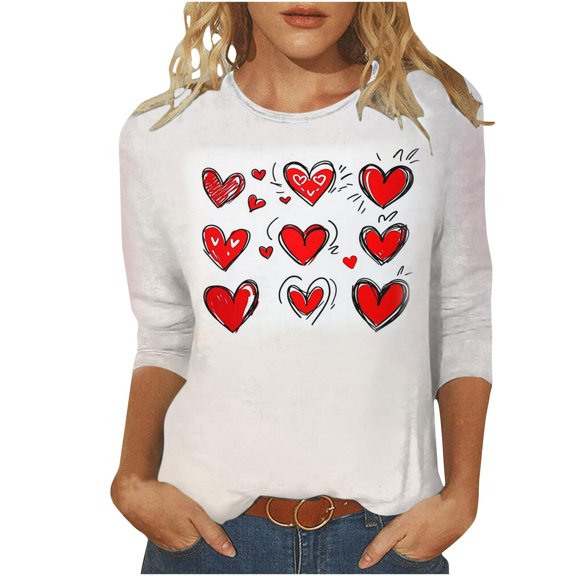 Women's Valentine's Day T-shirts 3/4 Tops for Women Hearts/Rose Printed Graphic Tees Holiday Casual Tshirts (3XL, White 01)