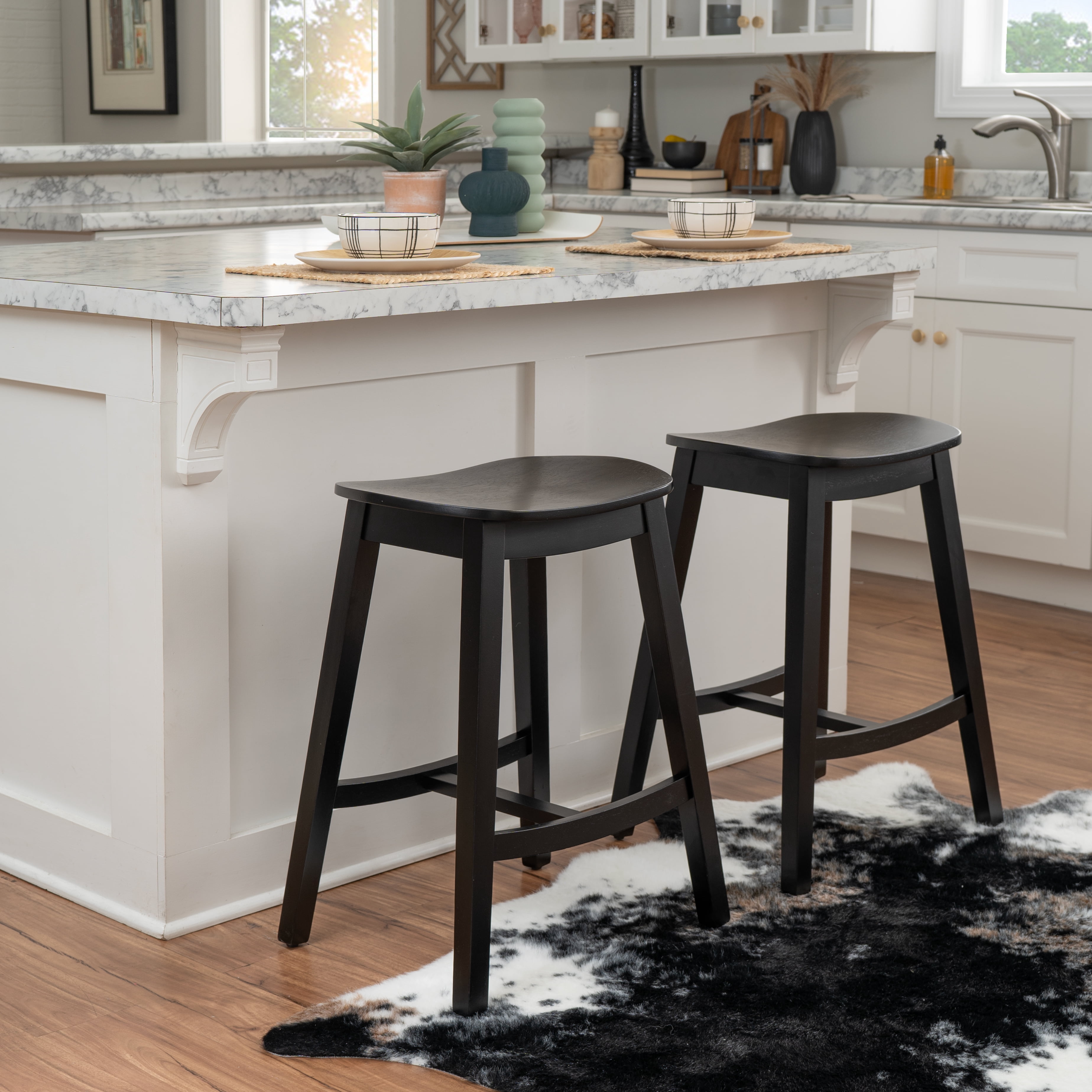 Linon Condal 26" Backless Wood Saddle Counter Stool, Set of 2, Black