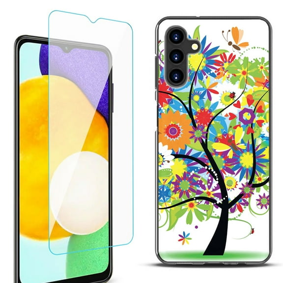 Slim-Fit Protective Fashion Phone Case (Black) for Samsung Galaxy A13 5G, with Tempered Glass Screen Protector, by OneToughShield ® - Colorful Tree