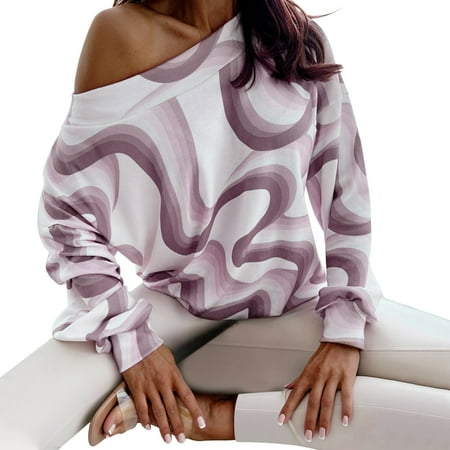 

Aueoeo Basic Tees for Women Oversized Shirts for Women Women Casual Loose Shirt Printed Long Sleeve Slanted Shoulder Tops Blouse