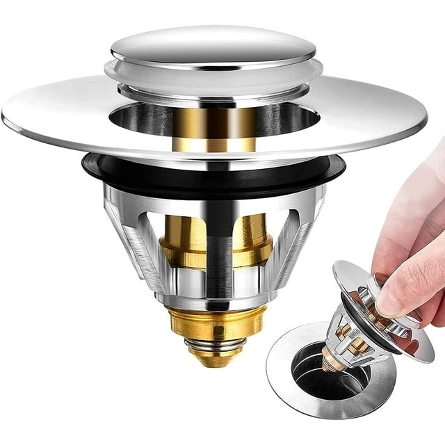 Kisrais Universal Edition Stainless Steel Bullet Core Push Type Overflow Pop Up Sink Drain Plug with Basket