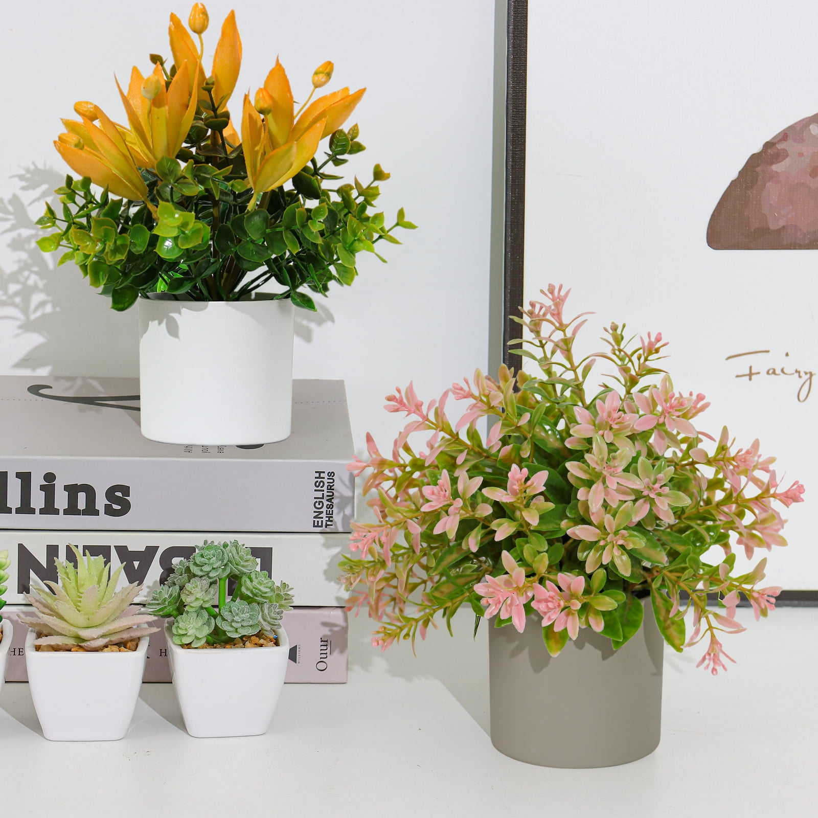 Artificial Plants Samll Fake Flower in Pot 6pcs Potted Plant for Home Office Farmhouse Bathroom Shelf Decor Indoor 7.9x7.9inch