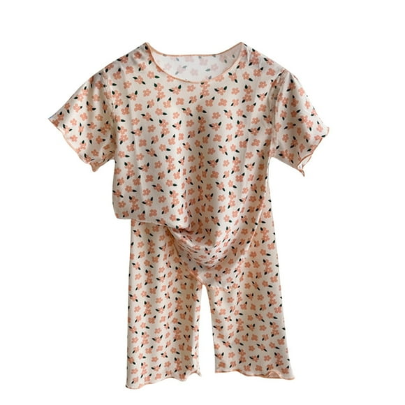 Odeerbi 1-12 Años Niñas Pijama de Seda Hielo Verano Manga Corta Capris Estampado Floral Ropa de Dormir Conjunto de Dos Piezas Pijama