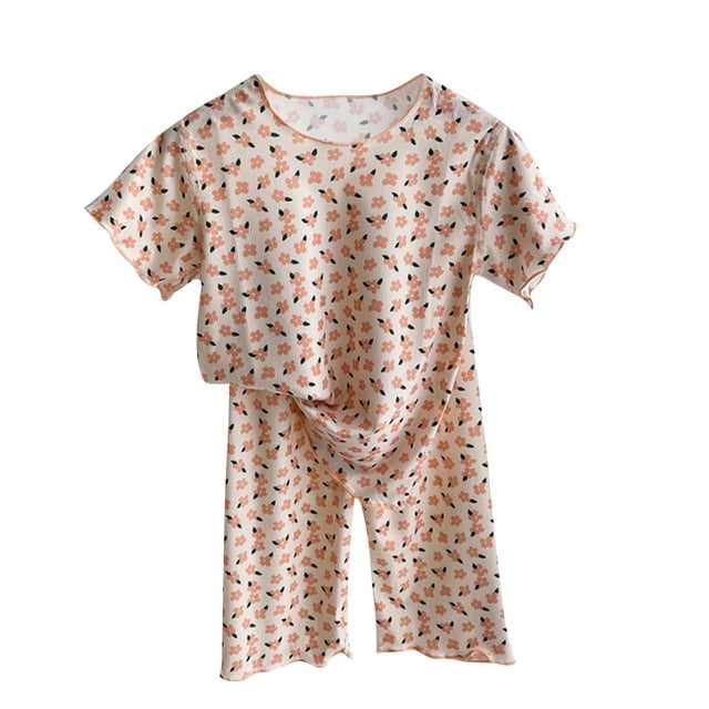 Odeerbi 1-12 Años Niñas Pijama de Seda Hielo Verano Manga Corta Capris Estampado Floral Ropa de Dormir Conjunto de Dos Piezas Pijama