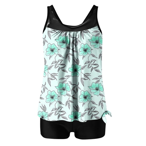 Traje de Baño de Mujer con Pantalones Cortos de Cintura Alta Impreso Traje de Baño de Dos Piezas, Traje de Baño de Torso Largo con Almohadillas Extraíbles Y Correas Ajustables, Set de Ropa de Playa d