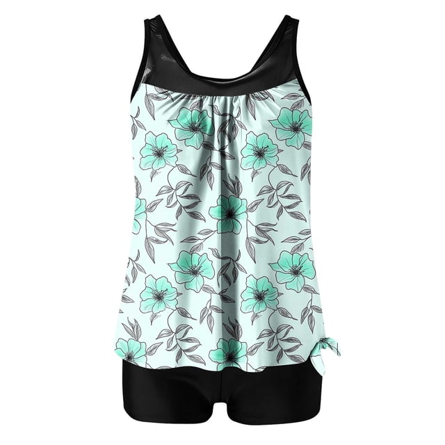 Traje de Baño de Mujer con Pantalones Cortos de Cintura Alta Impreso Traje de Baño de Dos Piezas, Traje de Baño de Torso Largo con Almohadillas Extraíbles Y Correas Ajustables, Set de Ropa de Playa d