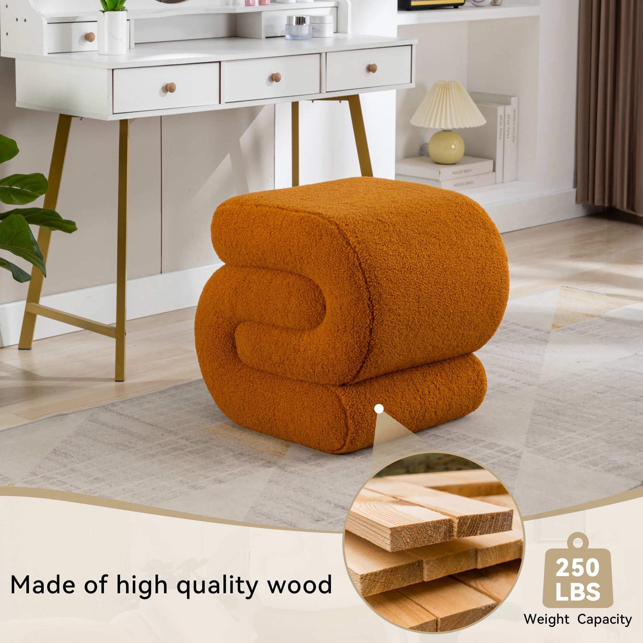 Noble House Rache 19" S-Shape Teddy Accent Ottoman, Boucle Makeup Footrest Table Stool with Foam, Orange