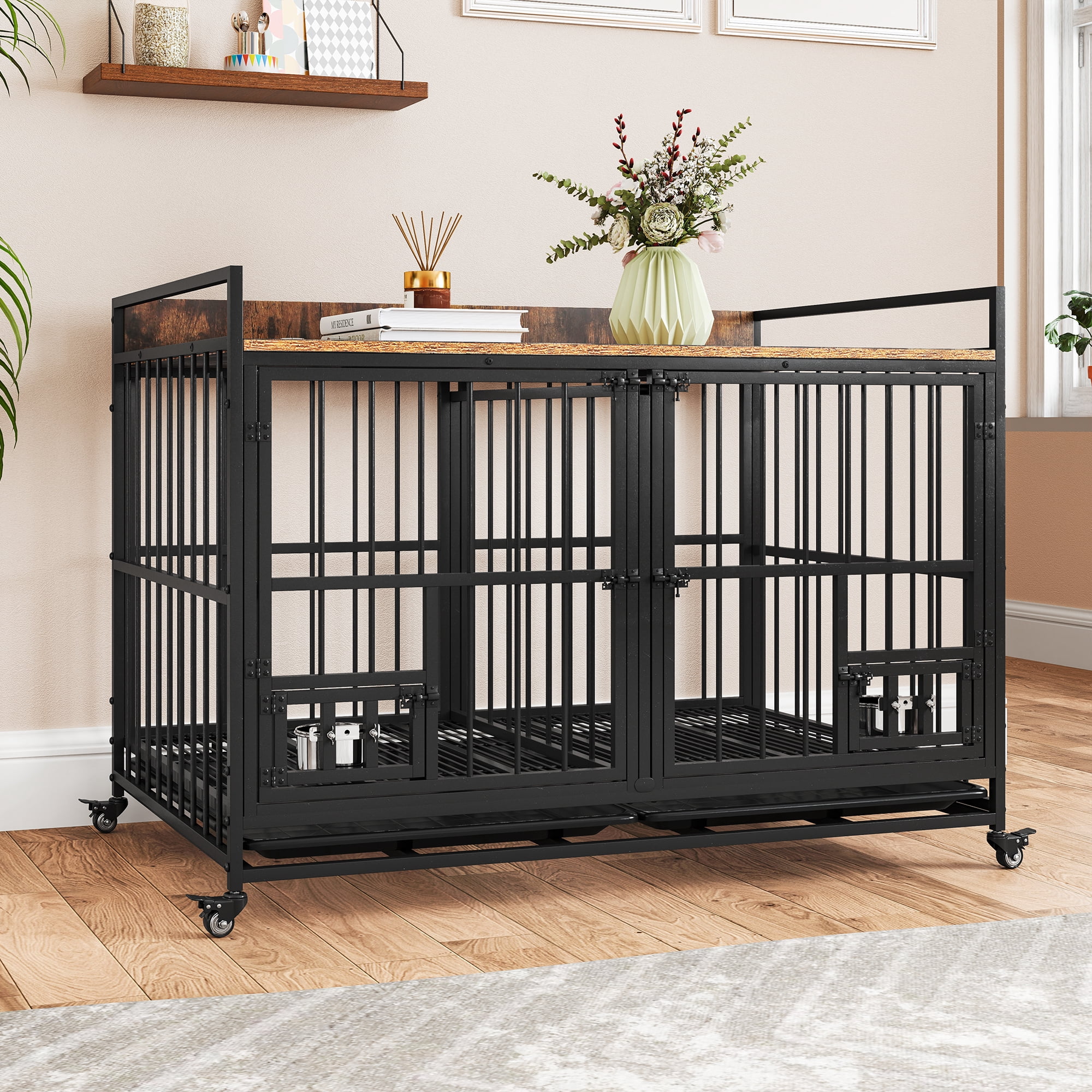 Uforic 47.5" Large Dog Crate Furniture with Double Lockable Doors, Heavy Duty Wooden Dog Kennel with Removable Divider &360° Rotatable Dog Bowls & 360° Wheels & 2 Trays