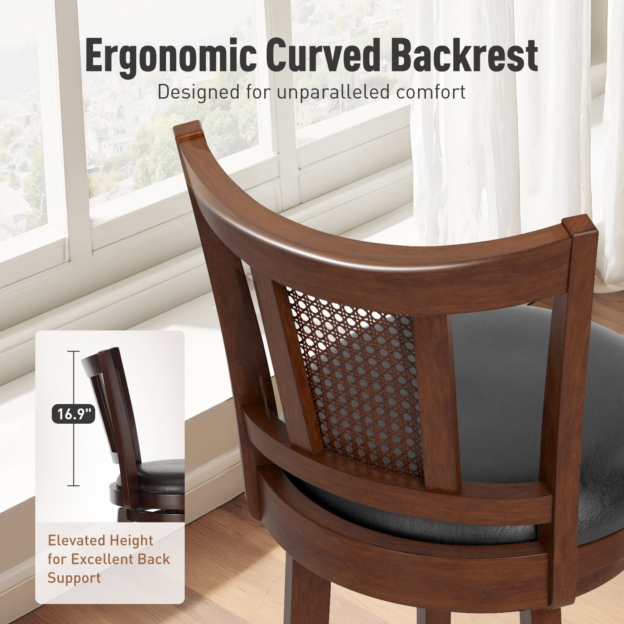 MF Studio 30" Wood Swivel Bar Height Stool with back Set of 2, Farmhouse Upholstered Pub Chair with Extra Large Seat & Hollow Pattern Back, Walnut