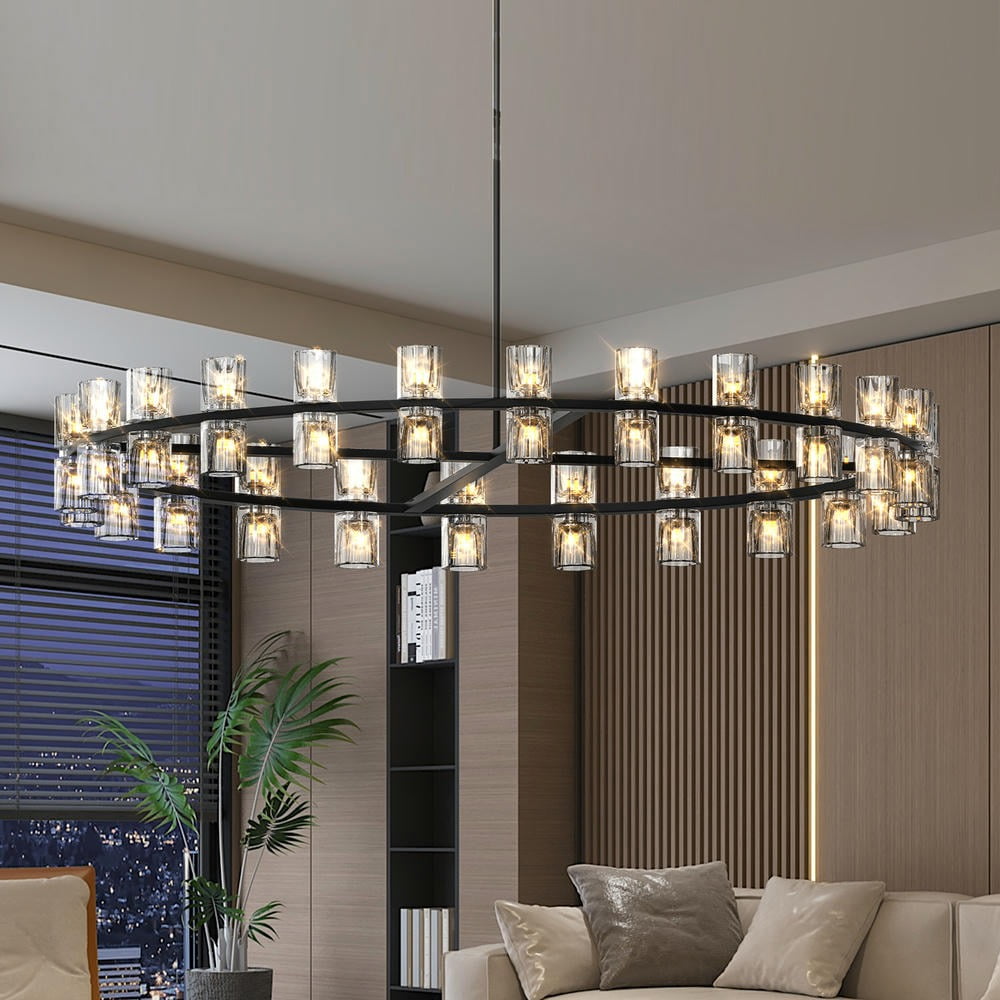 Keepoman 48inch Chandelier Ceiling Pendant Light Fixtures with Luxury Crystal and Decorative Lights Simple LED Lighting for Living Room, Dining Room, Home Decor, Black (Bulbs Included)