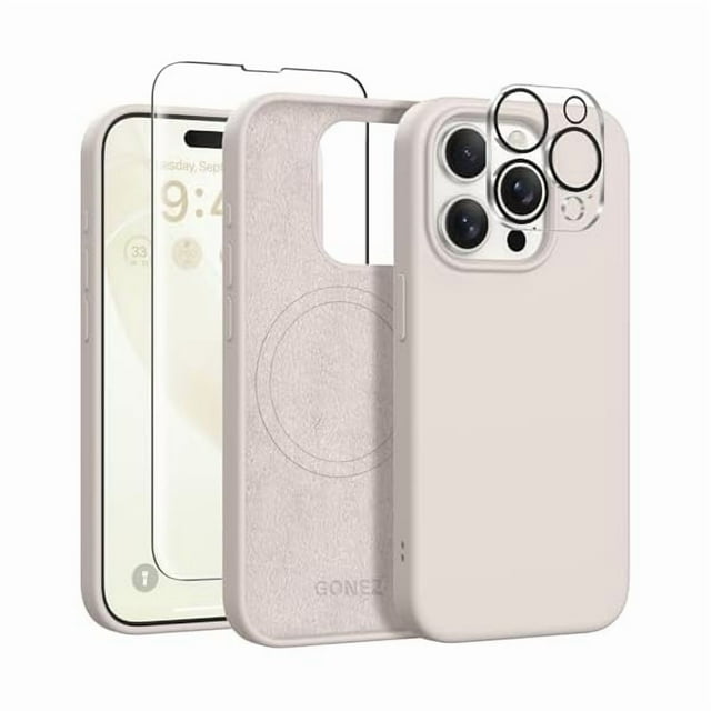 wonima11 GONEZ for iPhone 15 Pro Max Case Silicone, Compatible with Magsafe, Camera Protector + Screen Protector, Soft Anti-Scratch Microfiber Lining, Liquid Silicone Shockproof Phone Cover, Stone