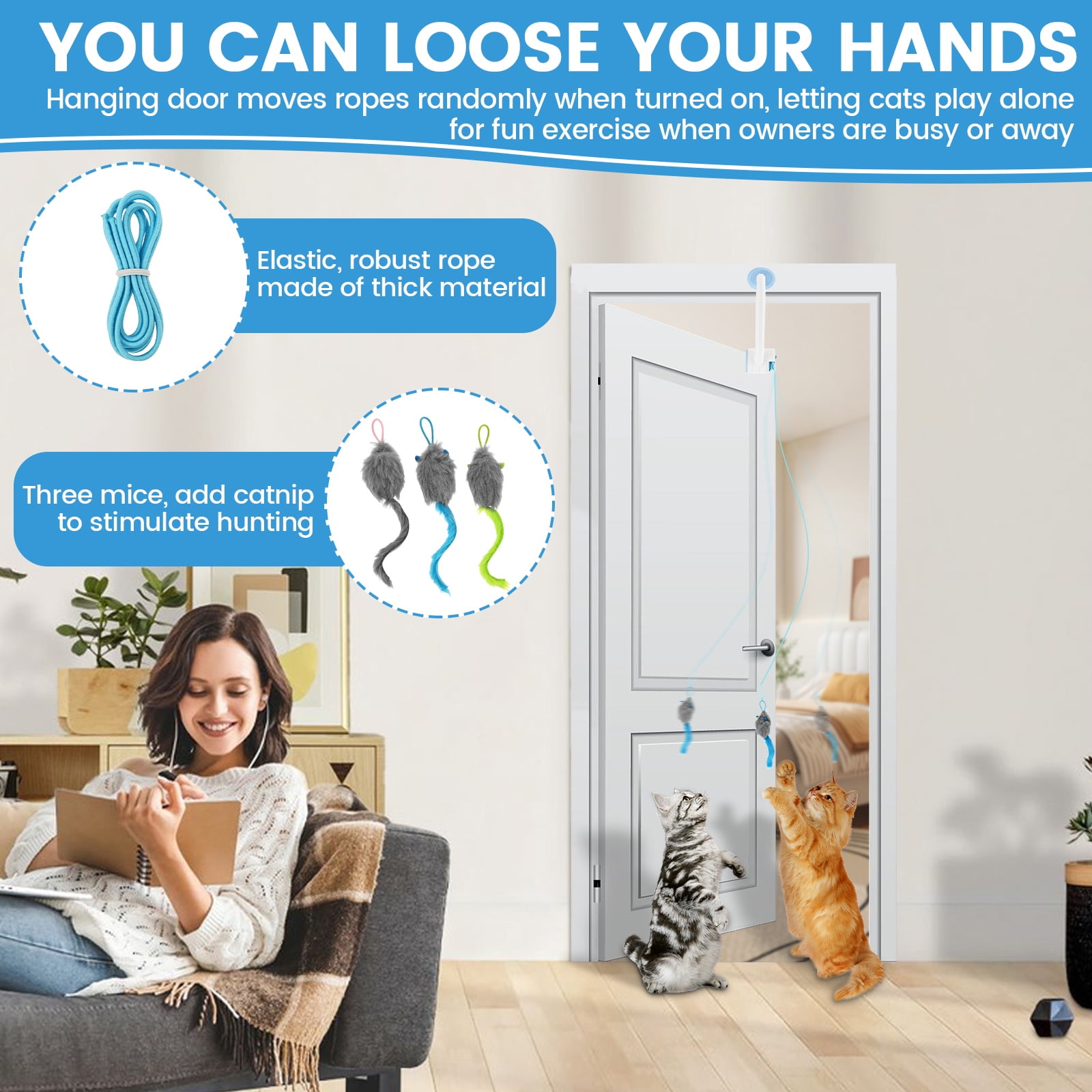 Austok Self Play Hanging Door Cat Toy Interactive Door Hanging Retractable Kitten Toy with 3 Catnip Mice 3 Mode Rechargeable for Cat Exercise