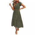 thumbnail image 4 of Robe Midi d'Été Décontractée à Manches Courtes Col Rond Taille Élastique Smockée à Volants pour Femmes, 4 of 4