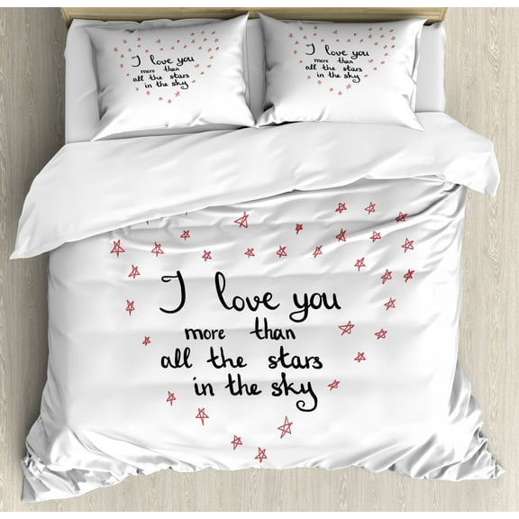I Love You More King Size Duvet Cover Set, Hand Written Valentine's Day Letters with Stars in Shape of a Heart, Decorative 3 Piece Bedding Set with 2 Pillow Shams, Red Grey White, by Ambesonne