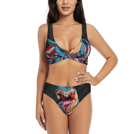 Zeuib Blue Dinosaur High Waisted Tummy Control Bikini Set - Knot Front Push Up Top & Cheeky Thong Bottom  Two-Piece Swimsuit for Women-Medium