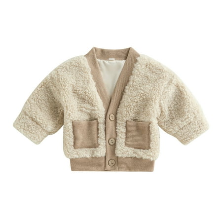 

Wassery Infant Baby Girls Fleece Cardigan Fuzzy Long Sleeve V Neck Button Down Fall Winter Coat Outwear for Toddler 0-24 Months