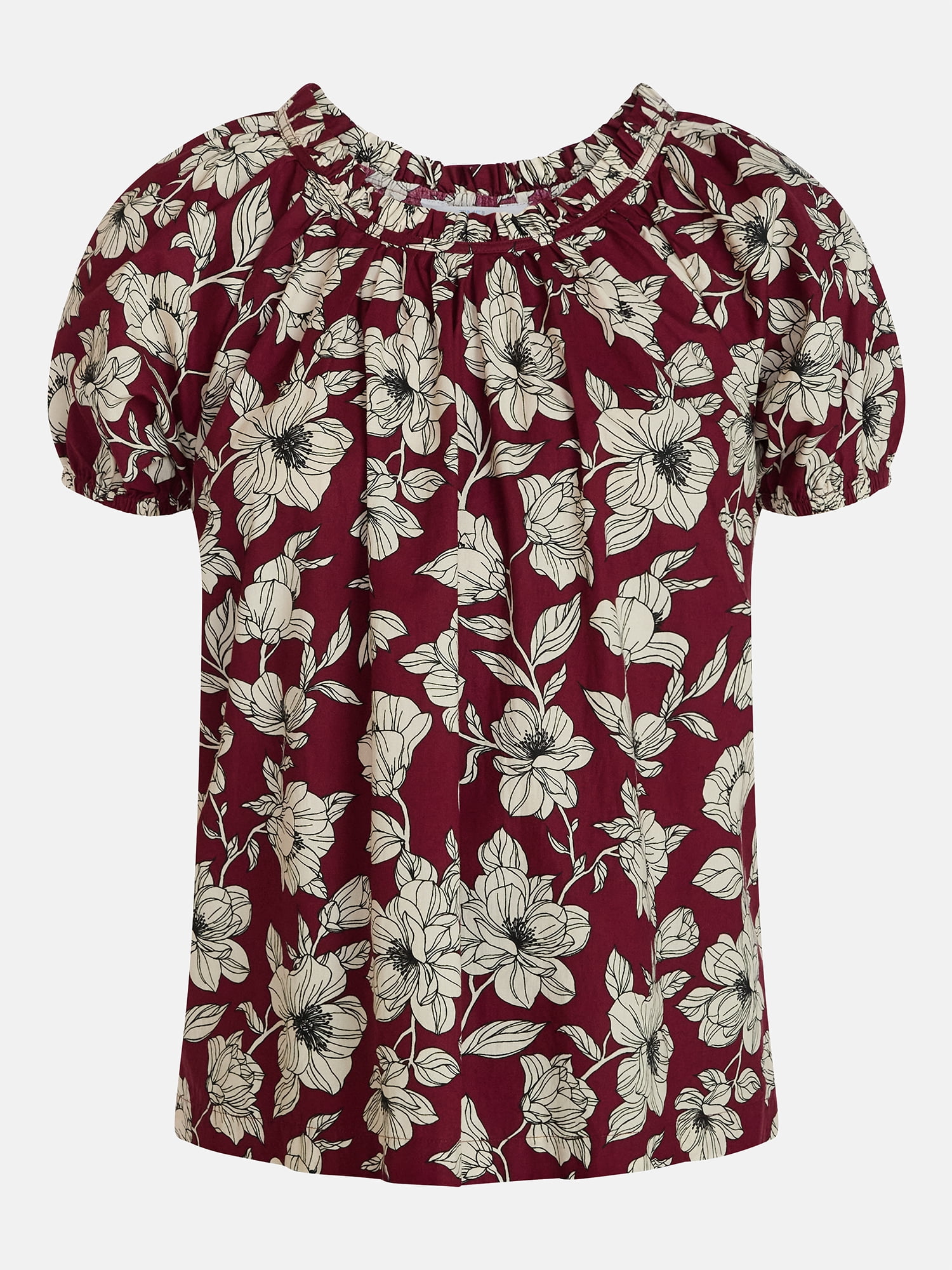 Time and Tru Women's Ruffle Neck Cotton Top with Short Puff Sleeves, Sizes XS-XXXL
