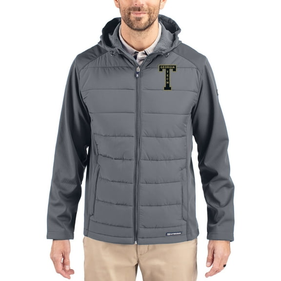 Men's Cutter & Buck Gray Georgia Tech Yellow Jackets Evoke Hybrid Eco Softshell Recycled Full Zip Hooded Jacket