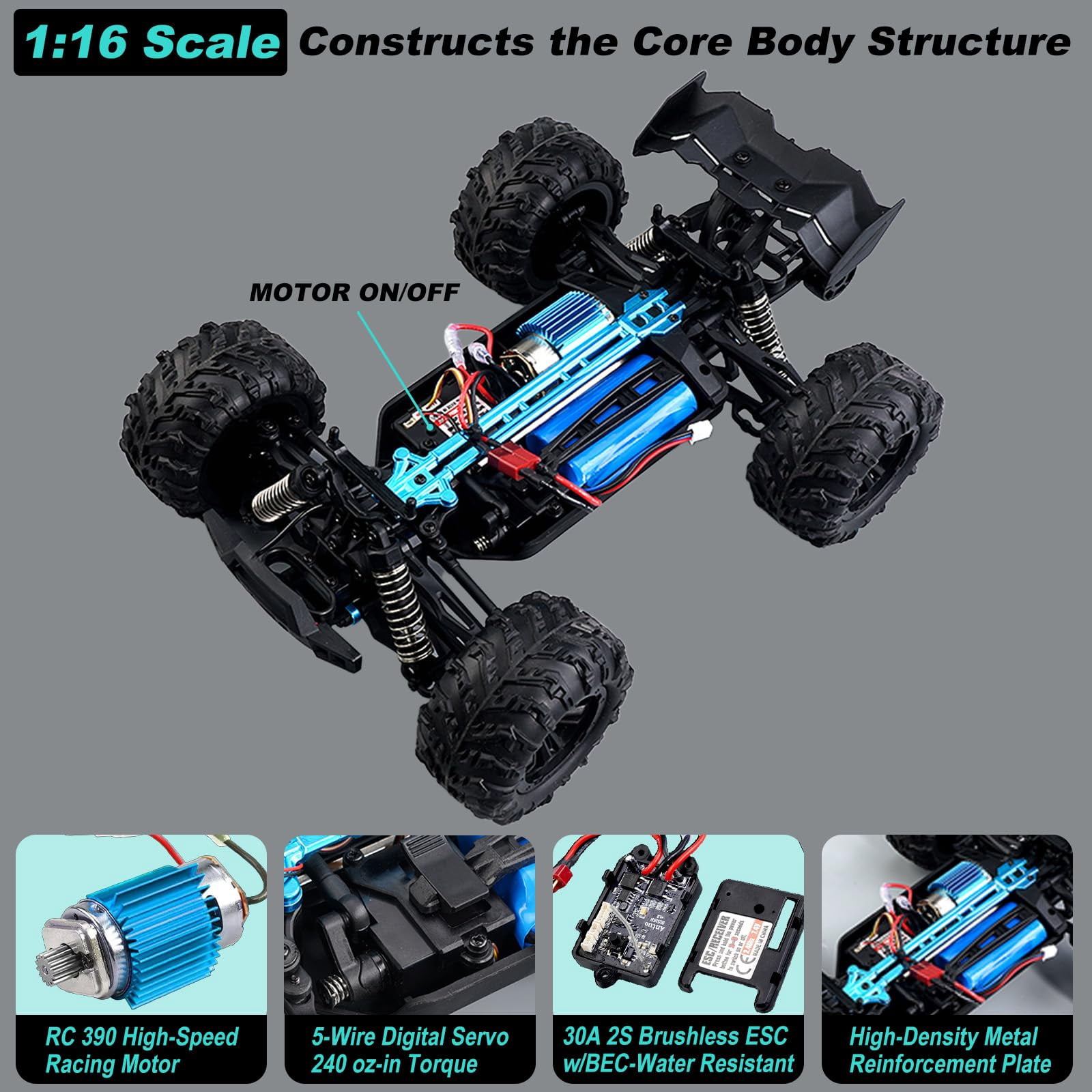 1:16 Scale All-Terrain RC Car for Adults, 38+KM/H High Speed 4WD Off-Road Remote Control Truck with 2 Rechargeable Batteries and Interchangeable car shells