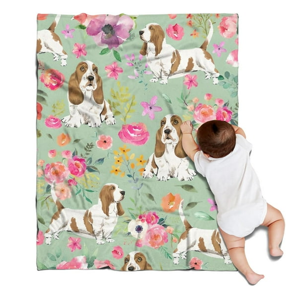 Basset Hound and Pioneer Flower Blanket,Comfortable Soft Lamb Wool Throw Blanket,All Season,Warm Lightweight Blankets for Sofa Bed Couch Living Room Chair,30"x40"
