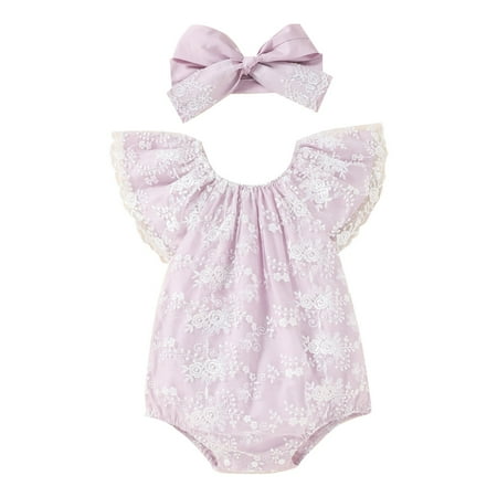 

MANHUJI Newborn Girl Girls Romper Two Piece Lace Fly Sleeve Mesh Romper and Lace Head Scarf Cotton Suit Baby Sleepers 0-3 Months Newborn Sleepers Baby Girl Baby Girl Clothes Newborn (Pink 92)